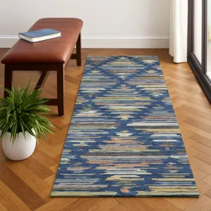 Luxury Washable Kenner Navy 2\'3\" x 7\'6\" Runner Rug