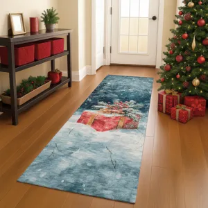 Luxury Washable Indoor/Outdoor Merry & Bright Blue 2\'3\" x 7\'6\" Runner Rug