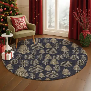 Luxury Washable Indoor/Outdoor Merry & Bright Black 8\' x 8\' Round Rug