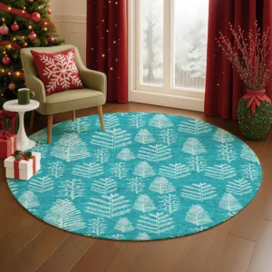 Luxury Washable Indoor/Outdoor Merry & Bright Teal 8\' x 8\' Round Rug