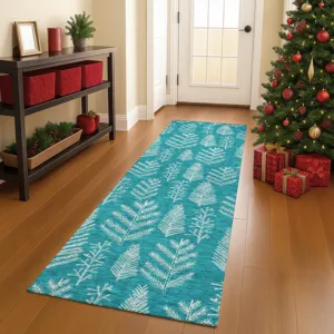 Luxury Washable Indoor/Outdoor Merry & Bright Teal 2\'3\" x 7\'6\" Runner Rug