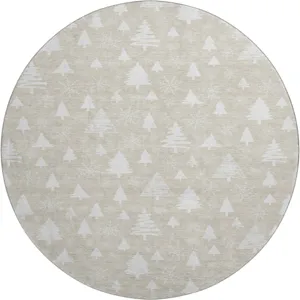 Luxury Washable Indoor/Outdoor Merry & Bright Beige 8\' x 8\' Round Rug