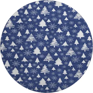 Luxury Washable Indoor/Outdoor Merry & Bright Navy 8\' x 8\' Round Rug