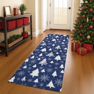 Luxury Washable Indoor/Outdoor Merry & Bright Navy 2\'3\" x 7\'6\" Runner Rug