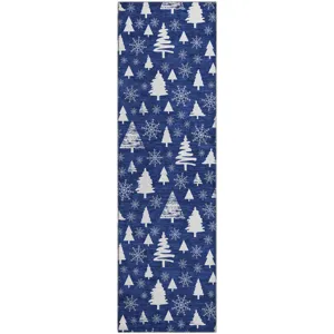 Luxury Washable Indoor/Outdoor Merry & Bright Navy 2\'3\" x 7\'6\" Runner Rug