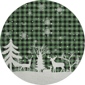 Luxury Washable Indoor/Outdoor Merry & Bright Green 8\' x 8\' Round Rug