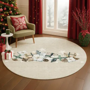 Luxury Washable Indoor/Outdoor Merry & Bright Beige 8\' x 8\' Round Rug