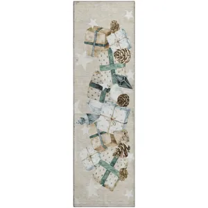 Luxury Washable Indoor/Outdoor Merry & Bright Beige 2\'3\" x 7\'6\" Runner Rug
