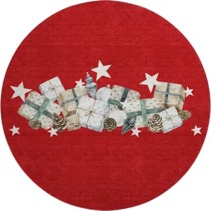 Luxury Washable Indoor/Outdoor Merry & Bright Red 8\' x 8\' Round Rug
