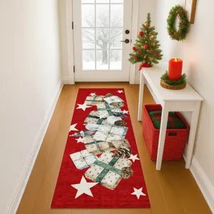 Luxury Washable Indoor/Outdoor Merry & Bright Red 2\'3\" x 7\'6\" Runner Rug