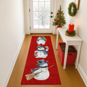 Luxury Washable Indoor/Outdoor Merry & Bright Red 2\'3\" x 7\'6\" Runner Rug
