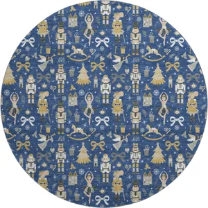 Luxury Washable Indoor/Outdoor Merry & Bright Navy 8\' x 8\' Round Rug