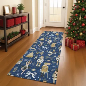 Luxury Washable Indoor/Outdoor Merry & Bright Navy 2\'3\" x 7\'6\" Runner Rug