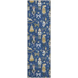 Luxury Washable Indoor/Outdoor Merry & Bright Navy 2\'3\" x 7\'6\" Runner Rug
