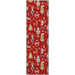 Luxury Washable Indoor/Outdoor Merry & Bright Red 2\'3\" x 7\'6\" Runner Rug