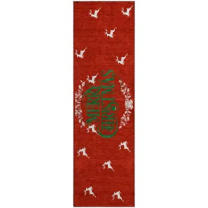 Luxury Washable Indoor/Outdoor Merry & Bright Red 2\'3\" x 7\'6\" Runner Rug