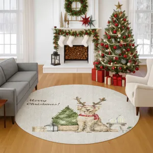 Luxury Washable Indoor/Outdoor Merry & Bright Beige 8\' x 8\' Round Rug