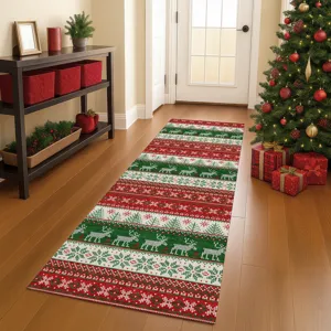 Luxury Washable Indoor/Outdoor Merry & Bright Red 2\'3\" x 7\'6\" Runner Rug