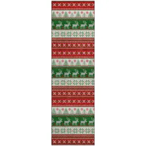 Luxury Washable Indoor/Outdoor Merry & Bright Red 2\'3\" x 7\'6\" Runner Rug