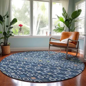 Machine Washable Indoor/Outdoor Neo Navy 8\' x 8\' Round Rug