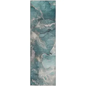 Luxury Washable Odyssey Teal 2\'3\" x 7\'6\" Runner Rug