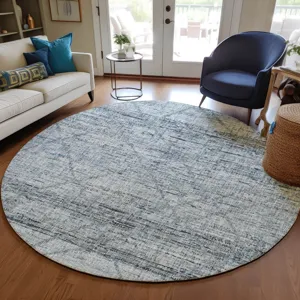 Luxury Washable Indoor/Outdoor Portico Blue 8\' x 8\' Round Rug