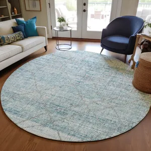 Luxury Washable Indoor/Outdoor Portico Teal 8\' x 8\' Round Rug