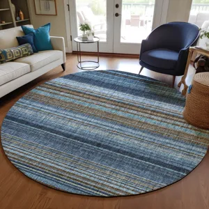 Luxury Washable Indoor/Outdoor Portico Navy 8\' x 8\' Round Rug