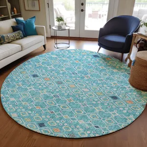 Luxury Washable Indoor/Outdoor Portico Teal 8\' x 8\' Round Rug