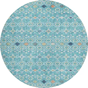 Luxury Washable Indoor/Outdoor Portico Teal 8\' x 8\' Round Rug