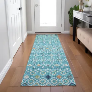 Luxury Washable Indoor/Outdoor Portico Teal 2\'3\" x 7\'6\" Runner Rug