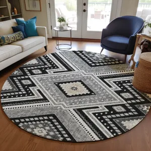Luxury Washable Indoor/Outdoor Portico Black 8\' x 8\' Round Rug