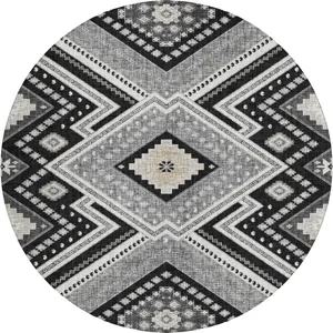 Luxury Washable Indoor/Outdoor Portico Black 8\' x 8\' Round Rug
