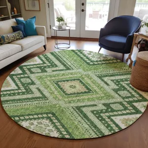 Luxury Washable Indoor/Outdoor Portico Green 8\' x 8\' Round Rug