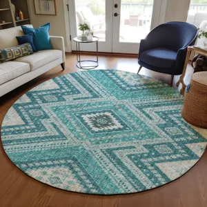 Luxury Washable Indoor/Outdoor Portico Teal 8\' x 8\' Round Rug