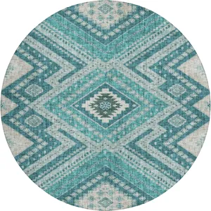 Luxury Washable Indoor/Outdoor Portico Teal 8\' x 8\' Round Rug