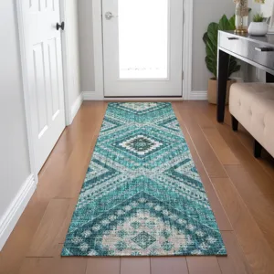 Luxury Washable Indoor/Outdoor Portico Teal 2\'3\" x 7\'6\" Runner Rug