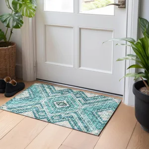 Luxury Washable Indoor/Outdoor Portico Teal 1\'8\" x 2\'6\" Rug
