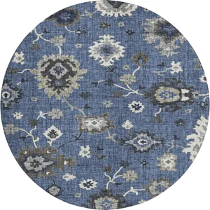 Luxury Washable Indoor/Outdoor Portico Blue 8\' x 8\' Round Rug
