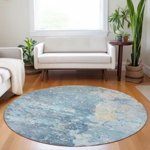 Luxury Washable Indoor/Outdoor Ravenna Blue 8\' x 8\' Round Rug