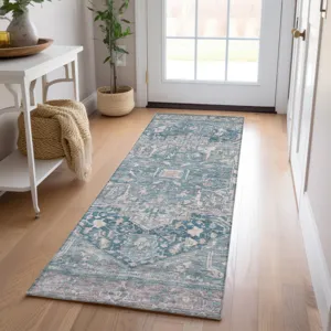Luxury Washable Indoor/Outdoor Solace Blue 2\'3\" x 7\'6\" Runner Rug