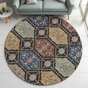 Indoor/Outdoor Silk Road Black 8\' x 8\' Round Rug