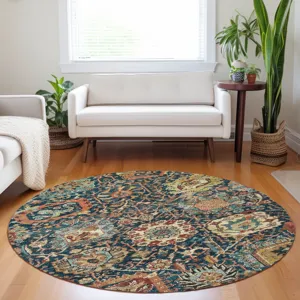 Luxury Washable Indoor/Outdoor Tabrook Navy 8\' x 8\' Round Rug