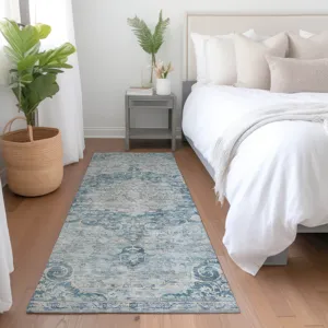 Luxury Washable Indoor/Outdoor Tabrook Blue 2\'3\" x 7\'6\" Runner Rug