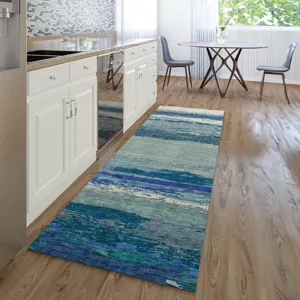 Luxury Washable Trevi Blue 2\'3\" x 7\'6\" Runner Rug