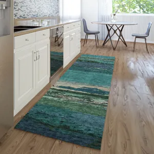 Luxury Washable Trevi Teal 2\'3\" x 7\'6\" Runner Rug