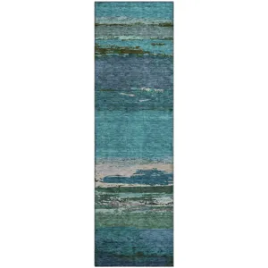Luxury Washable Trevi Teal 2\'3\" x 7\'6\" Runner Rug