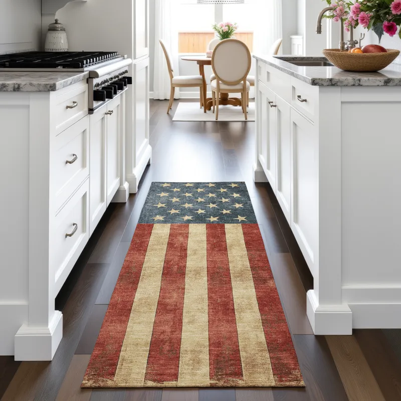 Machine Washable Indoor/Outdoor Americana Red 2\'3\" x 7\'6\" Runner Rug