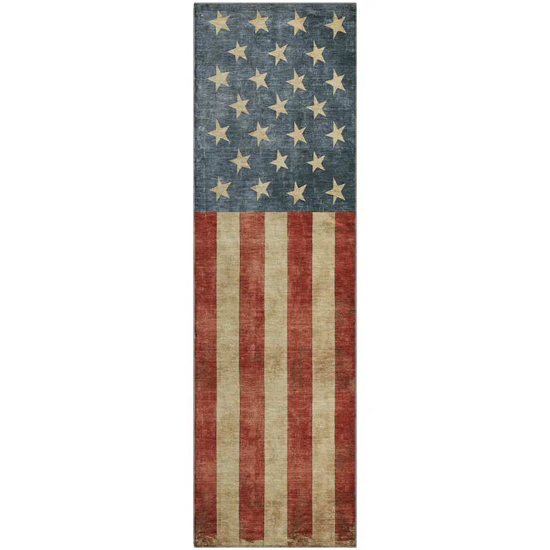Machine Washable Indoor/Outdoor Americana Red 2\'3\" x 7\'6\" Runner Rug