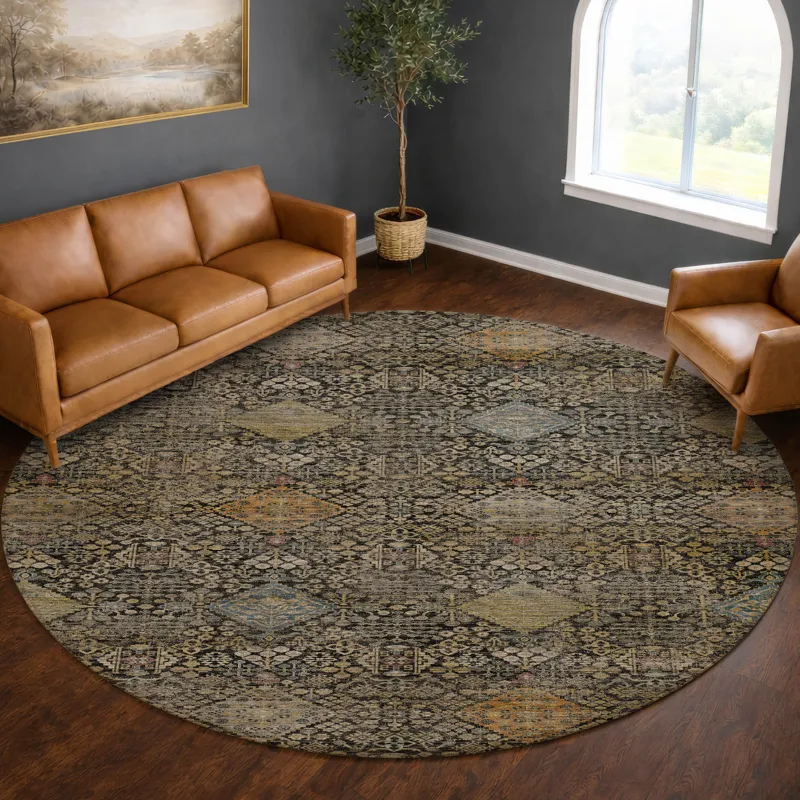Machine Washable Aristo Black 8\' x 8\' Round Rug